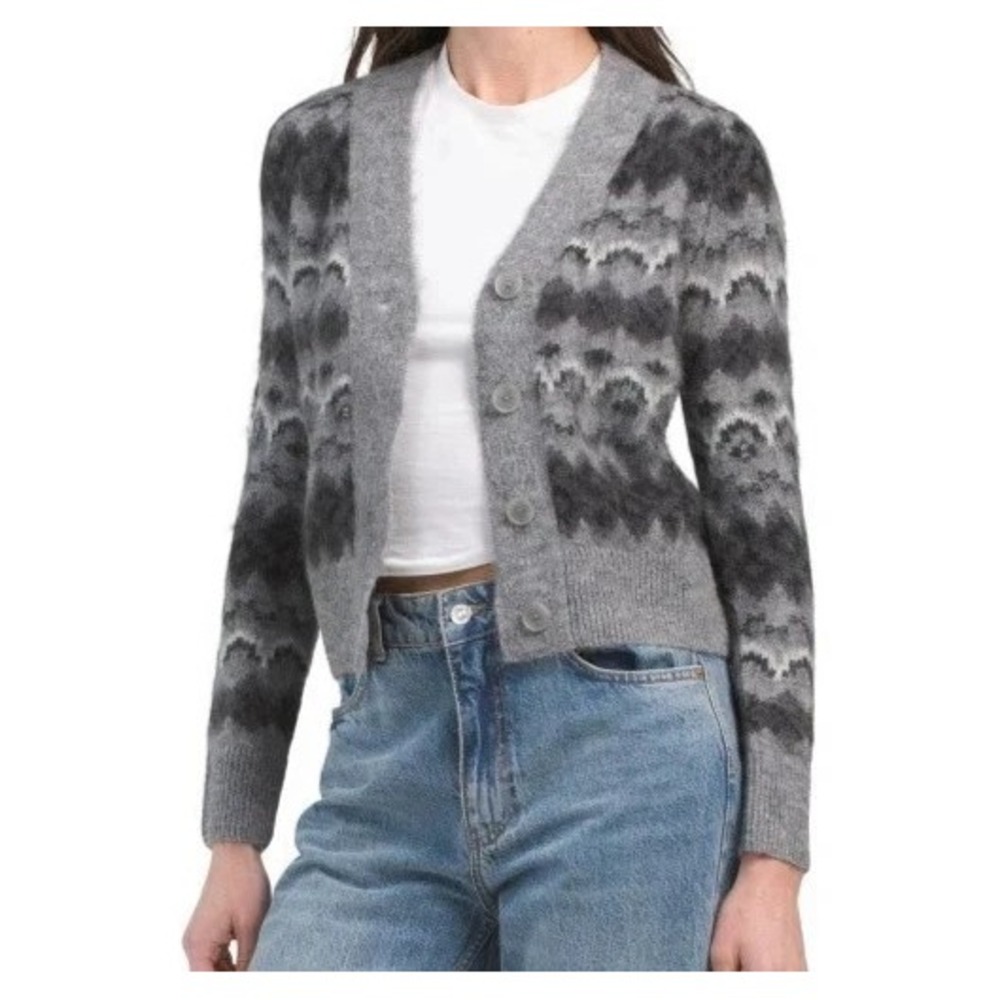 JOIE Fair Isle Wool Blend Cardigan Gray Black White Winter Preppy Academia Sz S